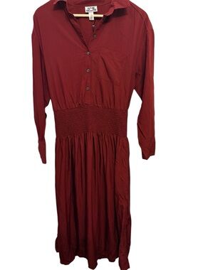 Future Collective Long Sleeve Shirred-Waist Midi Dress - Deep Red